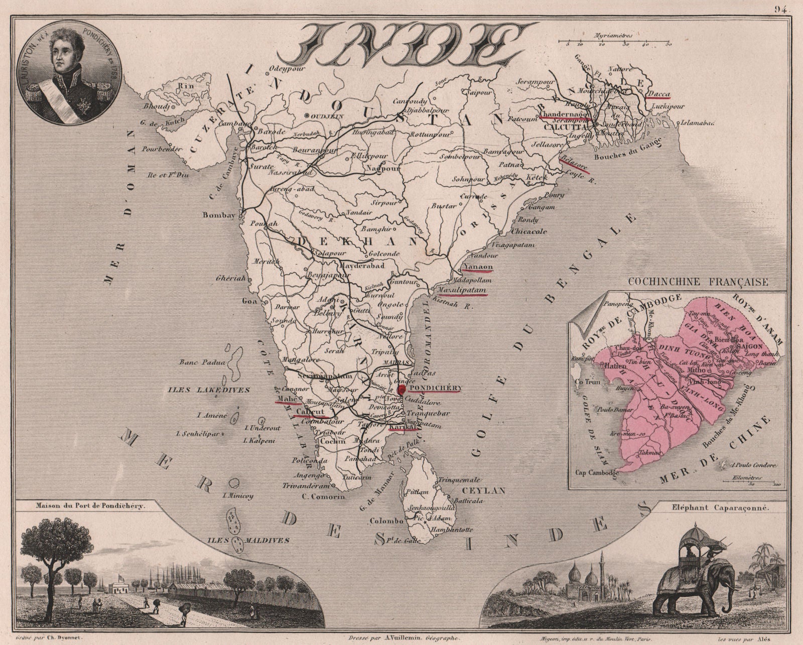 INDE FRANÇAISE Cochinchine Pondichéry Lauriston French India VUILLEMIN 1879 map